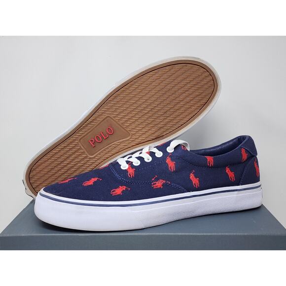 Polo Ralph Lauren Low Top Sneakers NAVY RED Size 10 PRE-OWNED - Picture 1 of 7